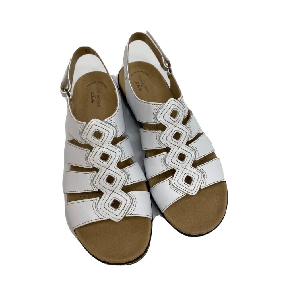 Clarks Gladiator Sandals US 10M White Leather Hook & Loop Womens Comfort Shoes